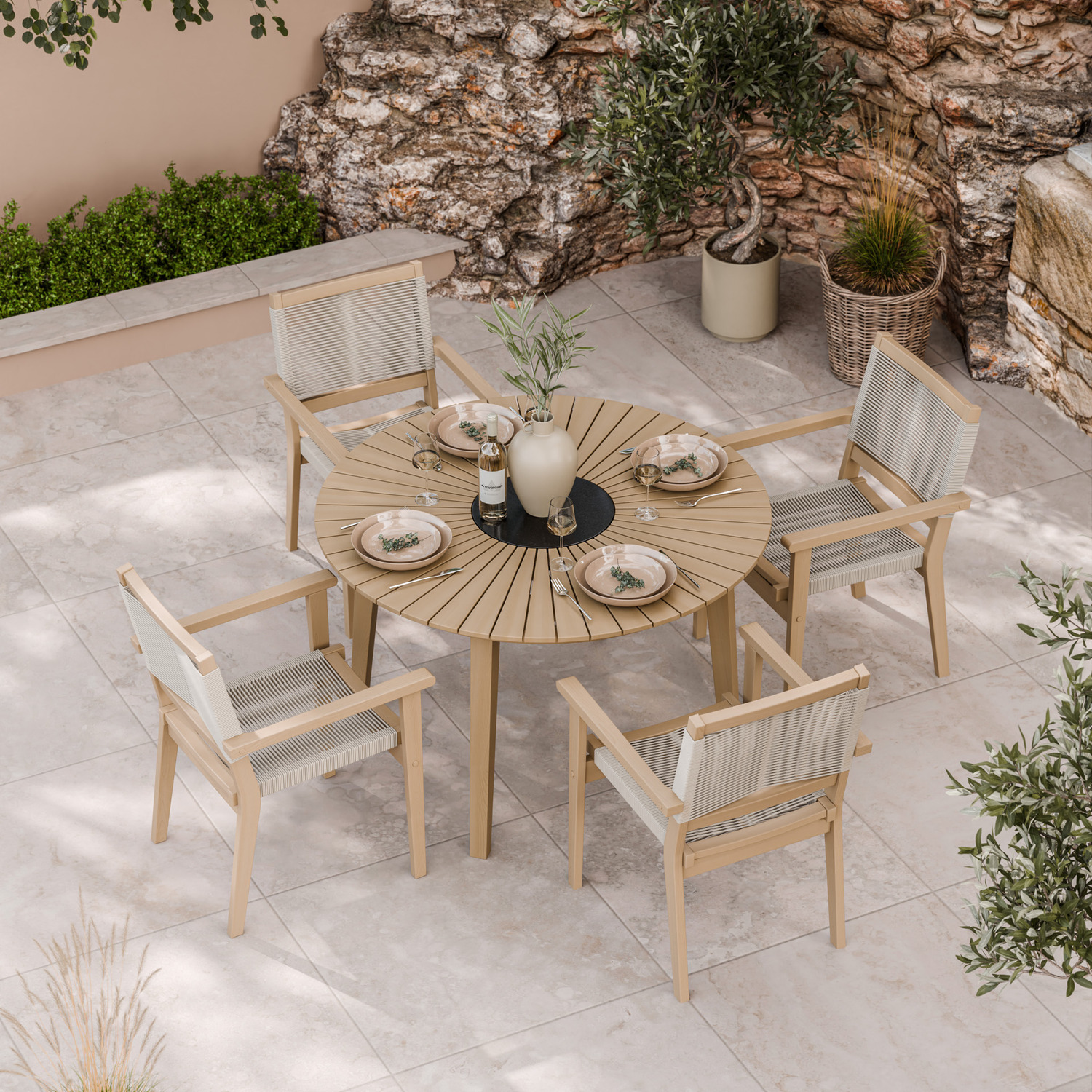 Roma 5 Piece Round Sunray Dining Set - Black Roma Rope Stacking Chairs