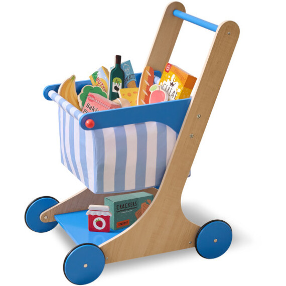 Wooden Toy Shopping Cart with Play Food and Fabric Basket