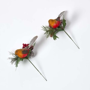 Set of 2 Artificial Robin and Foliage Picks, 18 cm