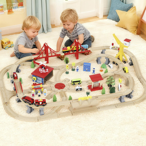 AIYAPLAY 133 Piece Wooden Train Set with Crane for 3 Years Old
