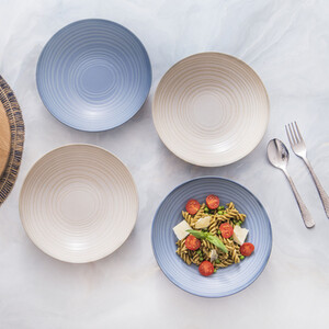 KitchenCraft Pasta Bowls Set in Gift Box,Lead-Free Glazed Stoneware,BlueCream