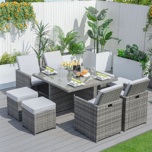 8-Person Aluminum Rattan Dining Set with Glass Table, 4 Chairs, 4 Stools
