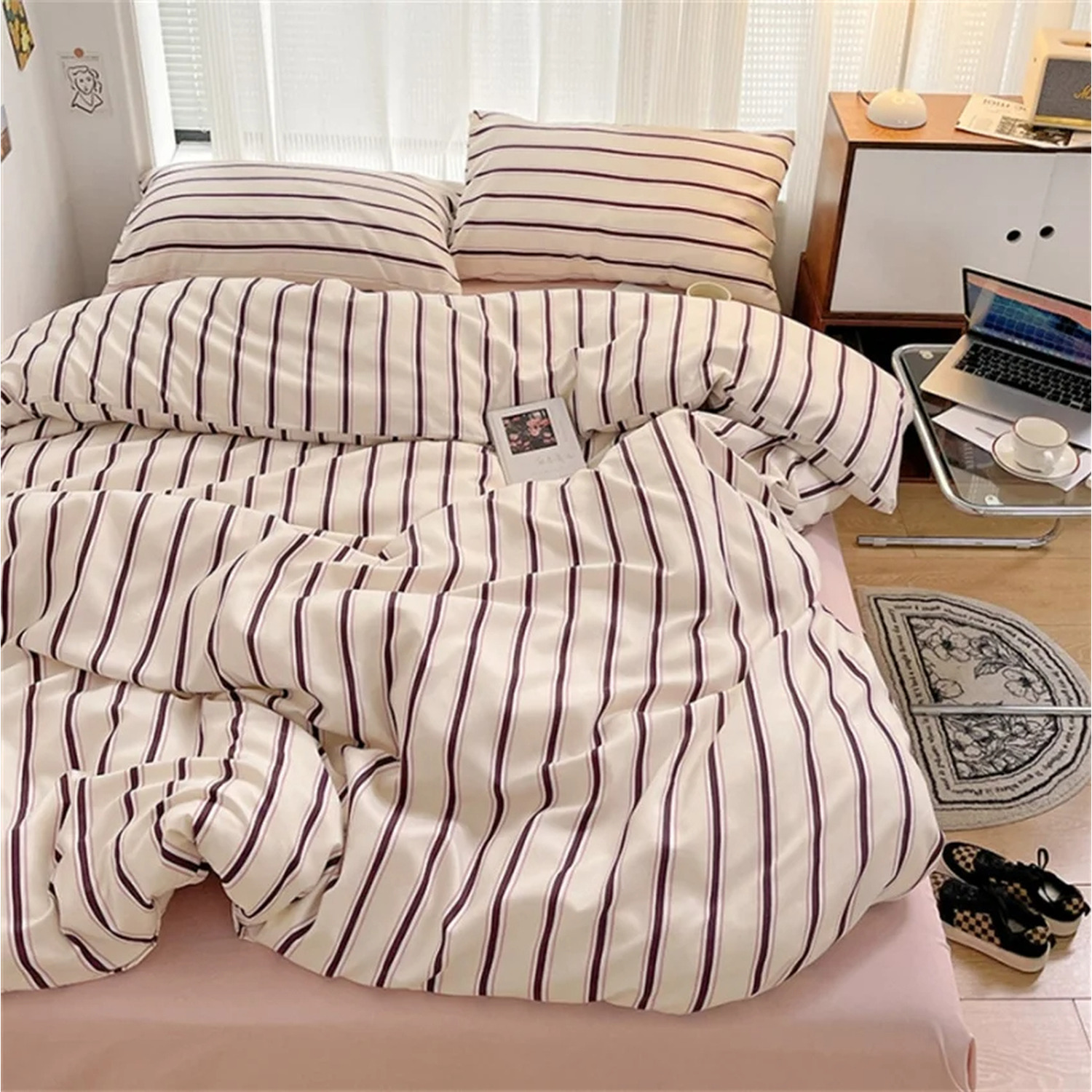 4pcs Blue Striped Cotton Bedding Set Soft - White Blue
