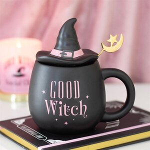 Good Witch Lidded Mug with Spoon Pink Ceramic Hat Moon Decor