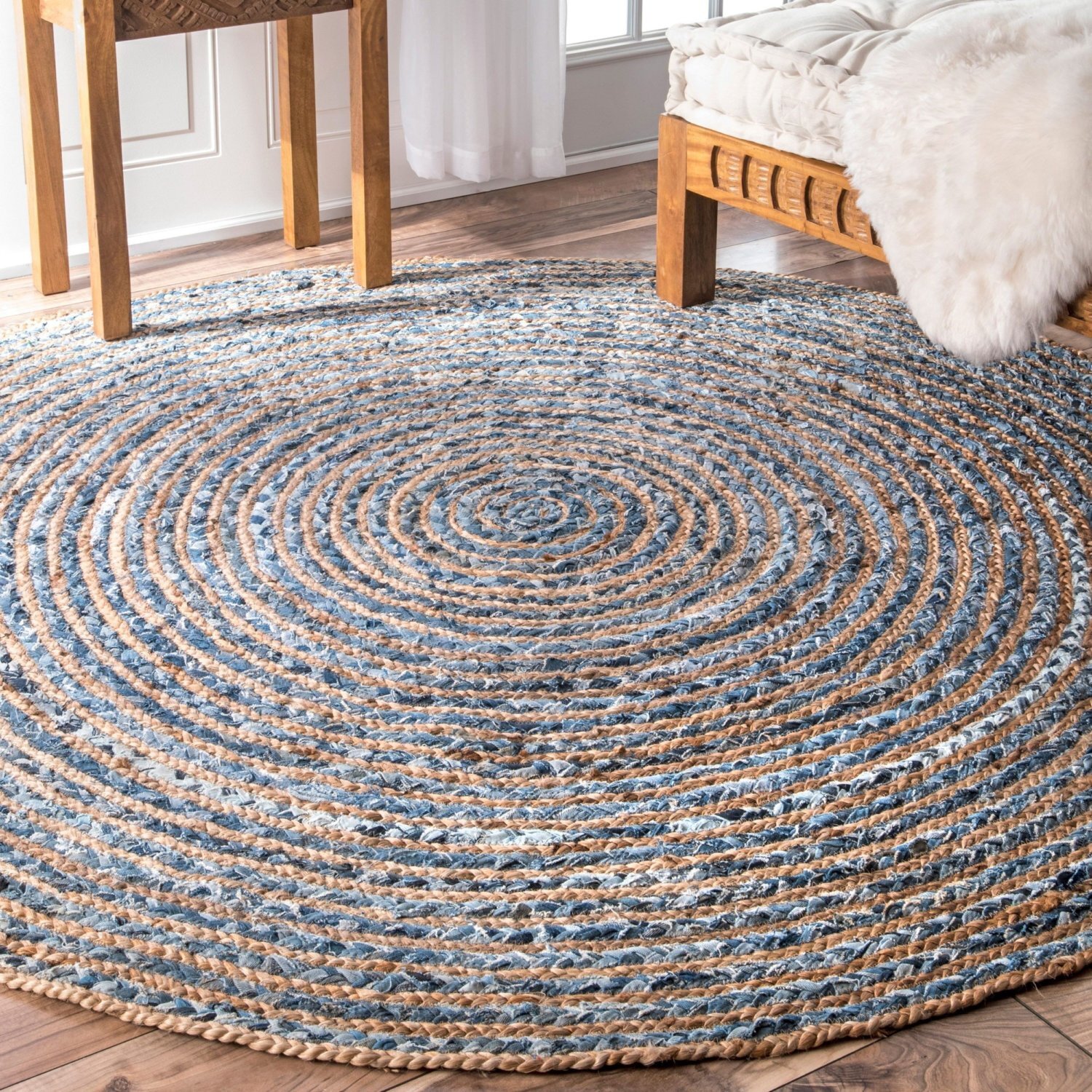Handmade Round Jute Recycled Denim Rug Eco Friendly India - Multi