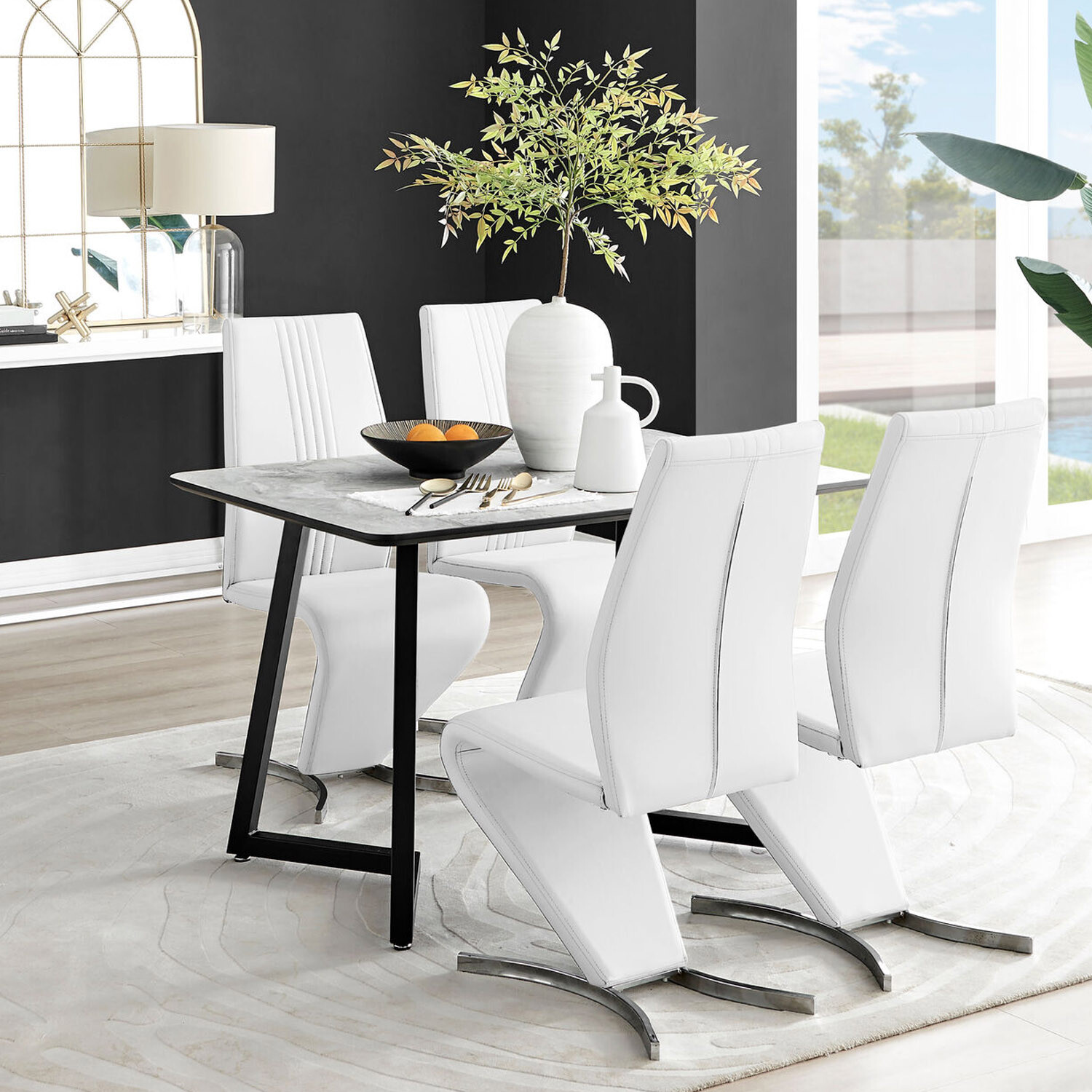 Furnitureboxuk Carson White Marble Effect Dining Table And 4 Willow Chairs - White