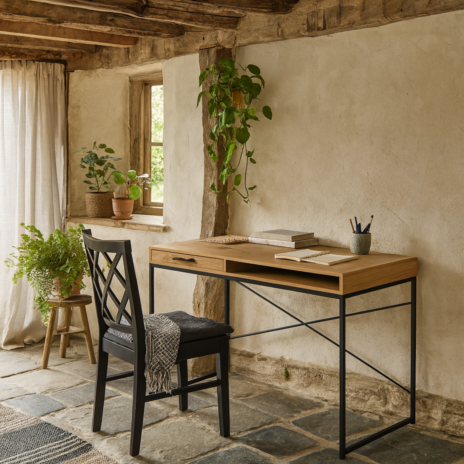 El Paso Wild Oak Effect Desk with Drawer and Black Sledge Base - Neutral