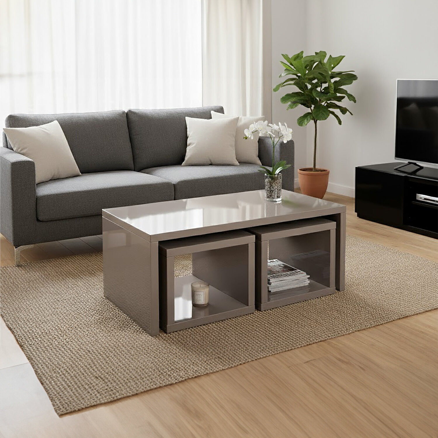 Madrid Dark Grey High Gloss Coffee Table With Two Under Tables - Grey