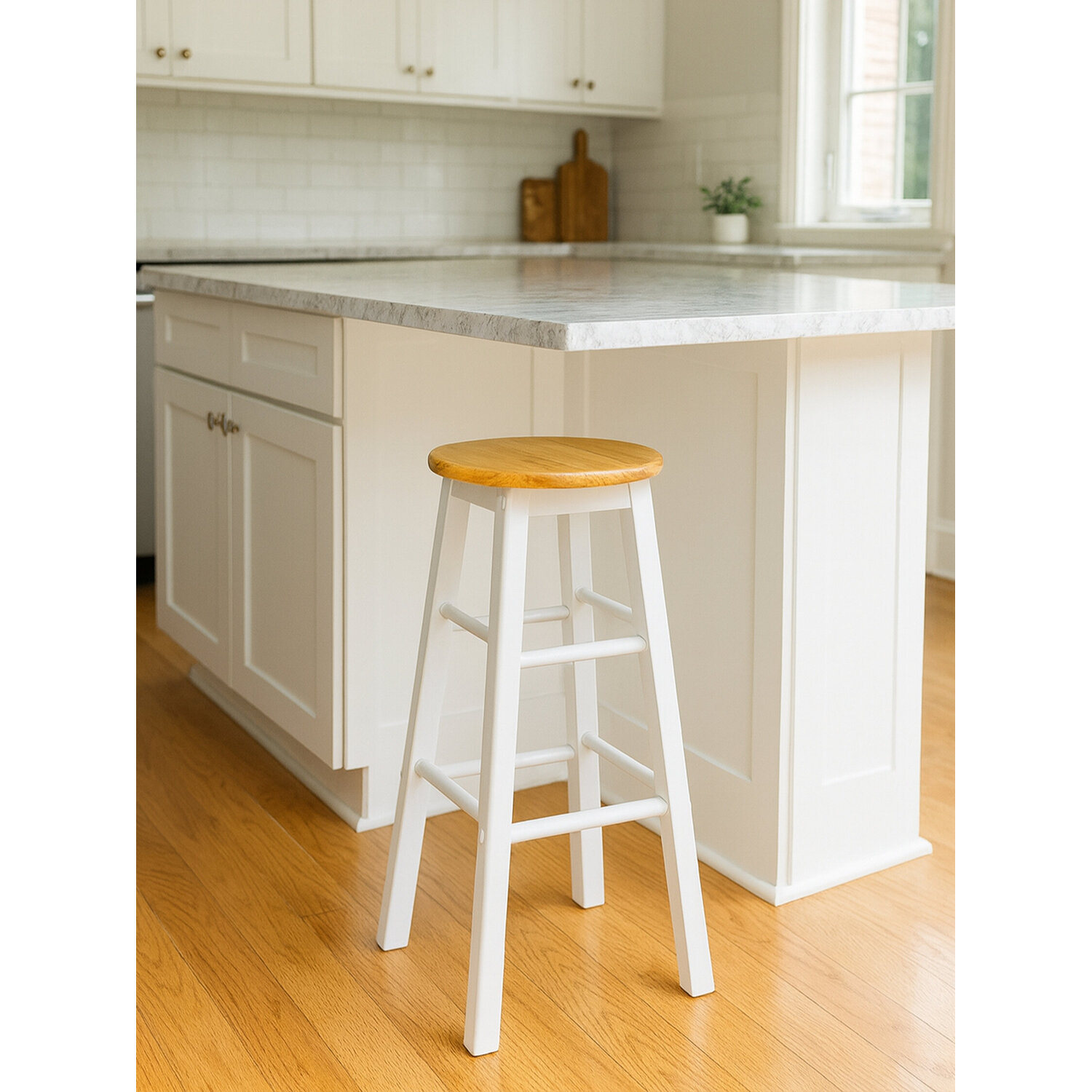 Chester White and Natural Wooden Kitchen or Bar Stool - White