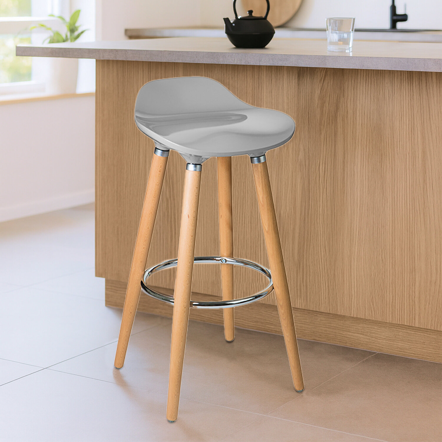 Stockholm Taupe Abs And Beech Wood Bar Stool - Natural