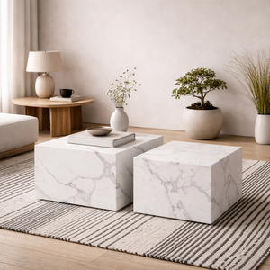 Munkebo Set of 2 Square Coffee Tables Carrara Marble Effect Matt Finish