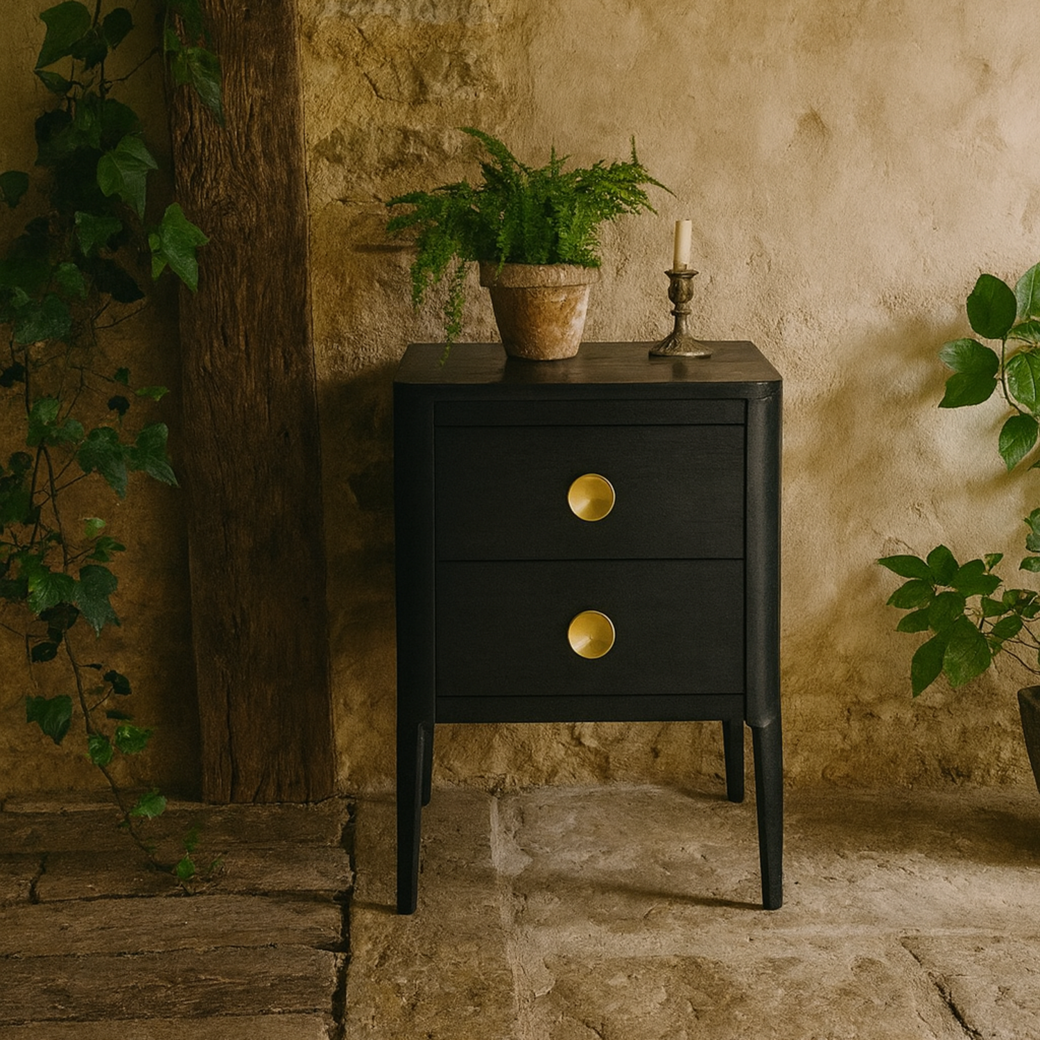 Bologna Bedside Table with Brass Handles and 2 Drawers - Black