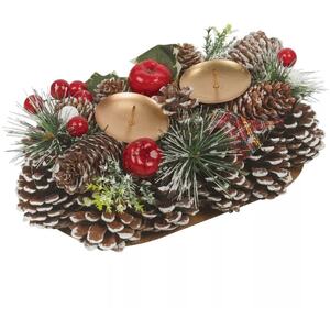 2 Candles Christmas Wreath Candle Holder with Pinecones & Berries 26x16x8cm - Multicoloured