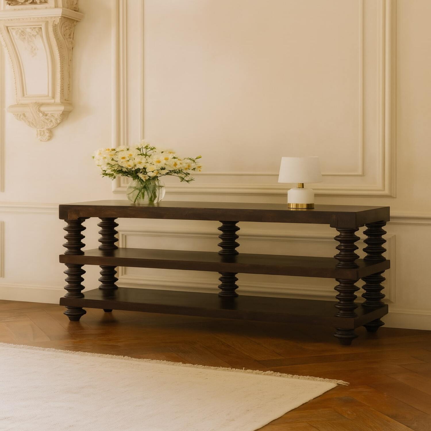 Artisan Furniture Solid Wood Spindle Shelf Console In Carbon Ash - Dark Brown