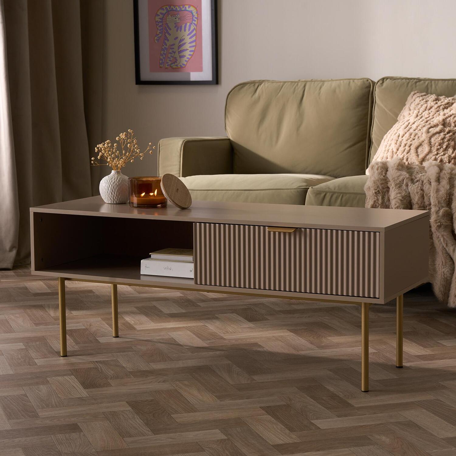 Ohs Ribbed Coffee Table With Drawer - Natural