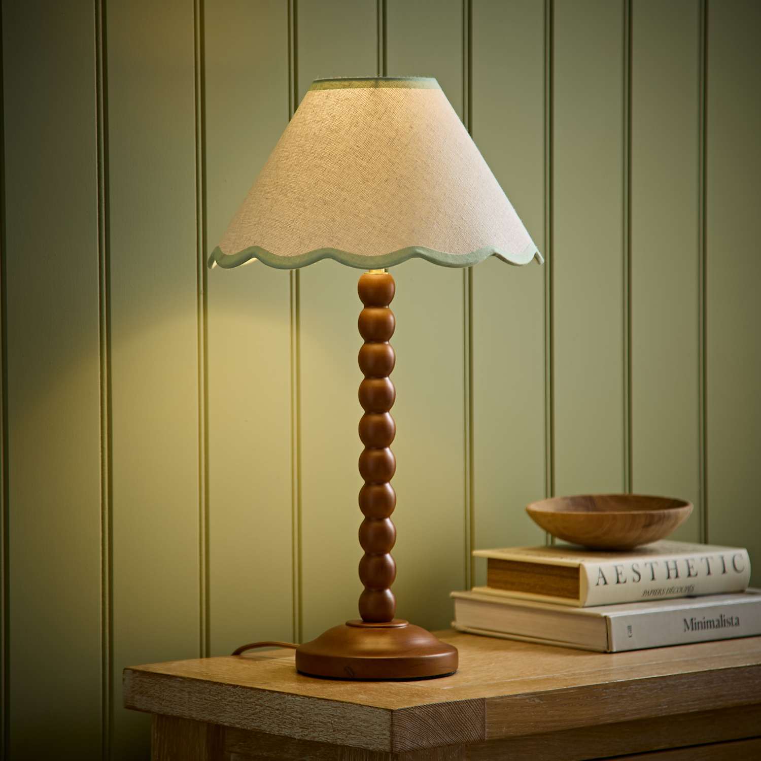 Valuelights Bobbin Walnut Table Lamp With Trim Scallop Shade - Sage Green / Yes