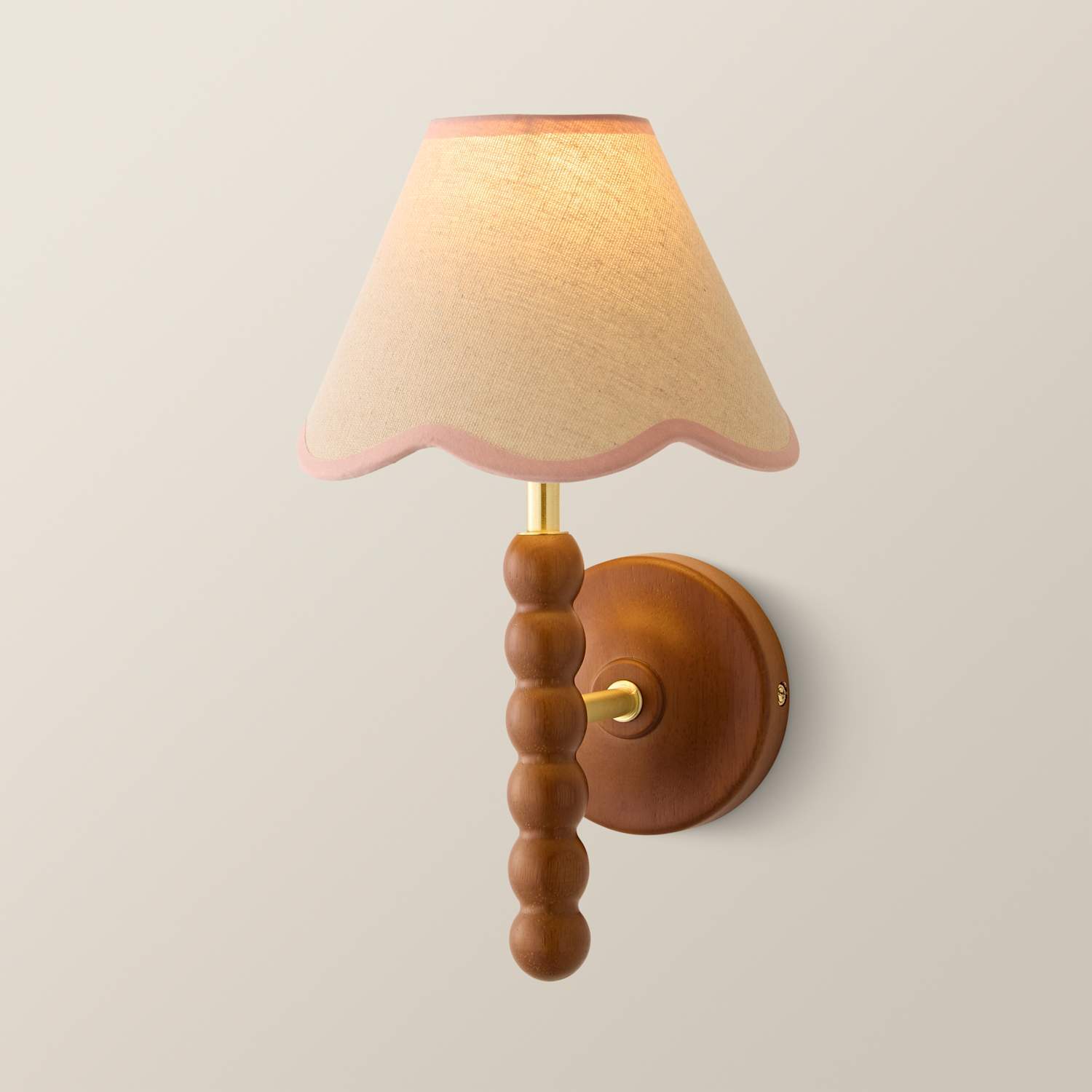 Valuelights Bobbin Walnut Wall Light With Trim Scallop Shade - Rose Pink / 1
