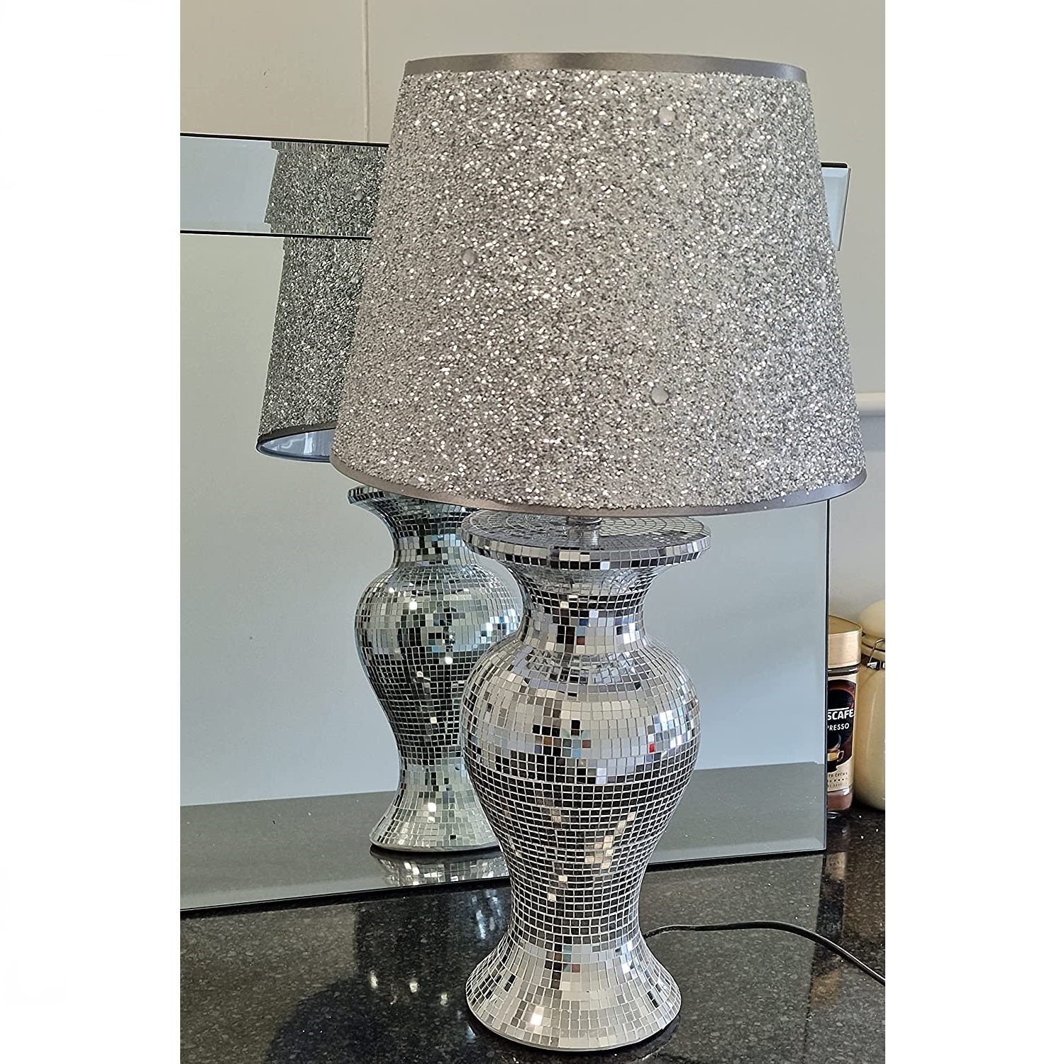 Deenz Silver Glitter Crushed Diamond Table Lamp With Shade Mirror Base - Silver