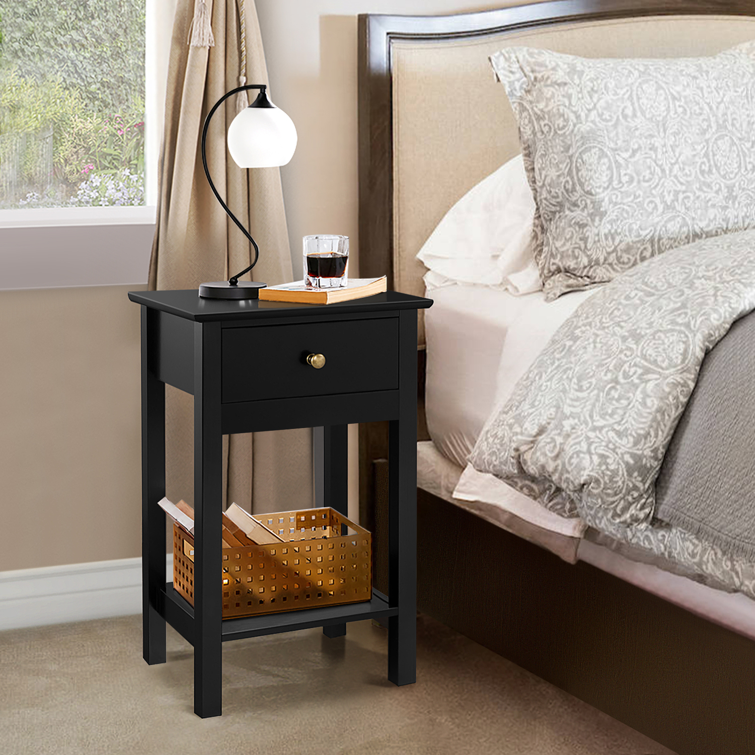 Yaheetech Bedside Table With Drawer And Storage Shelf - Black