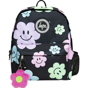 Kids Black Happy Flowers Backpack with Adjustable Straps  School Travel Bag