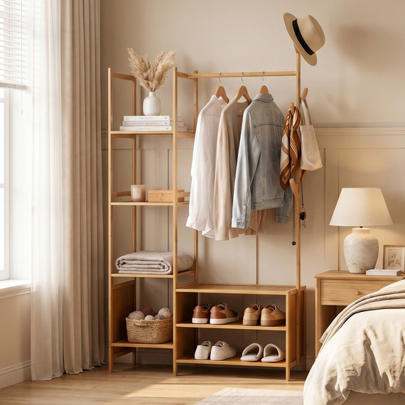 Multifunctional Coat Rack with Rail and Shelves