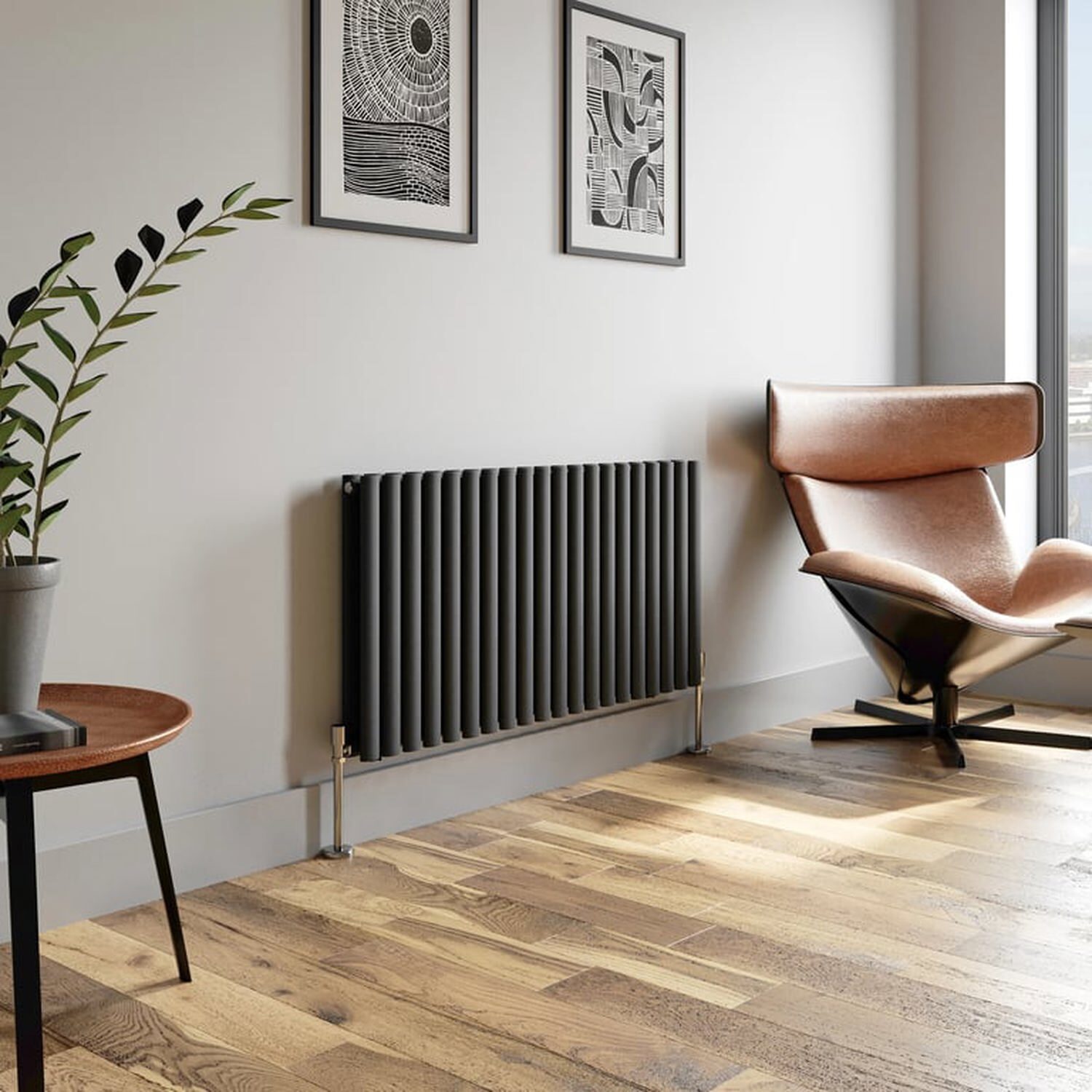 Temprazo Horizontal Oval Tube Double Panel Designer Radiator - 600 X 1440Mm Anthracite - Grey / 600Mm / 1200Mm / 79Mm
