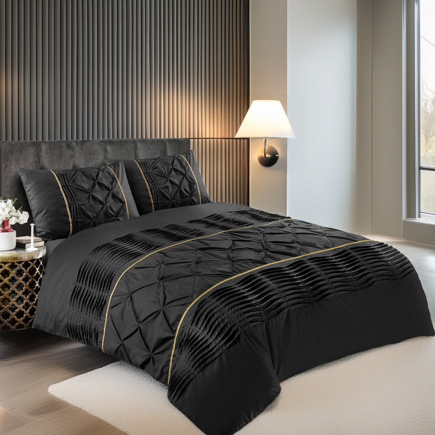 Duvet Cover And Pillowcase Set Silver Black Red Lilac White Pintuck Pleated Design Polycotton Linen - Black / Double