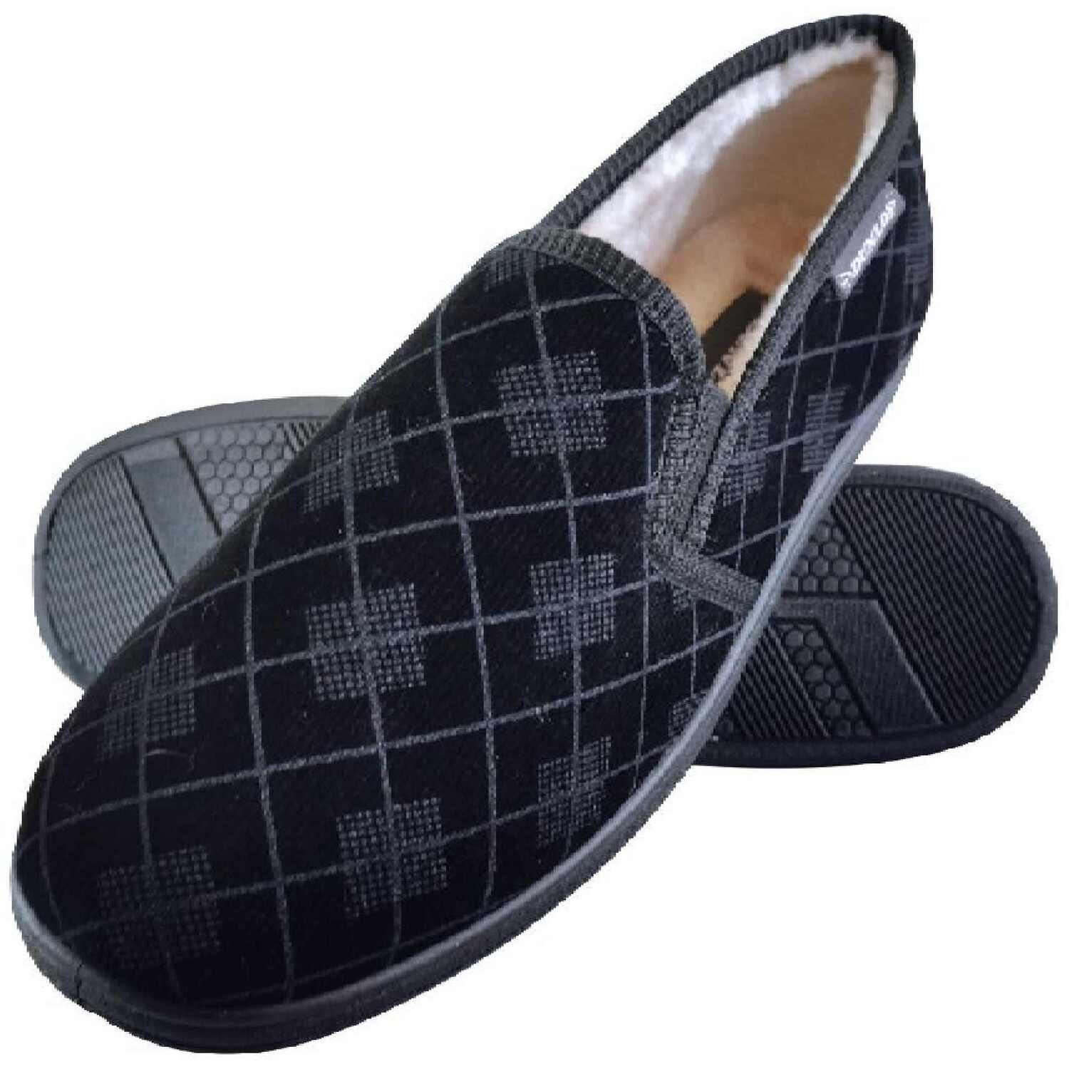 Dunlop Mens Plush Fur Lined Memory Foam Plaid Checked Slippers - Black / 9