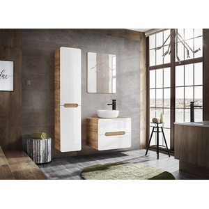 Aruba 600mm Vanity Unit, Countertop Sink and Tall Laundry Basket Cabinet Oak Effect and White Gloss