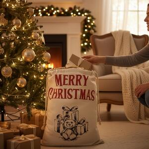 Teddy Bear Santa Sack - Large Linen-Style Xmas Gift Bag with Drawstring