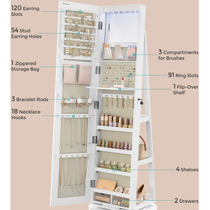 SONGMICS Swivel Mirror Jewellery Cabinet, 6 LEDs, Lockable