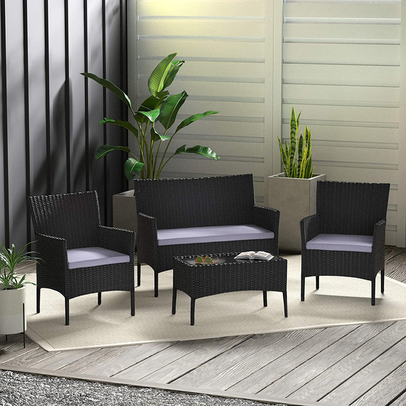 MCC Direct Roger 4-Piece Rattan Garden Furniture Set - 2-Seater Sofa, 2 Armchairs, Coffee Table
