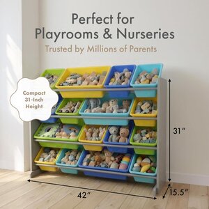 Kids 16 Bin Toy Storage Organiser Grey Wood Frame Bedroom Playroom Storage Unit With Anti Tip Kit