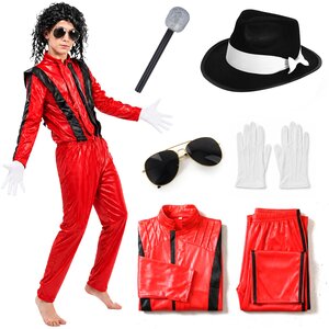 Kids 80s Pop Star Halloween Costume Set - Red Jacket, Trousers, Fedora Hat, Gloves & Microphone