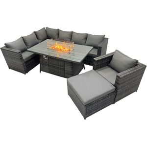 Fimous Rattan Garden 8-Seater Firepit Corner Sofa Set Dark Grey Mixed.