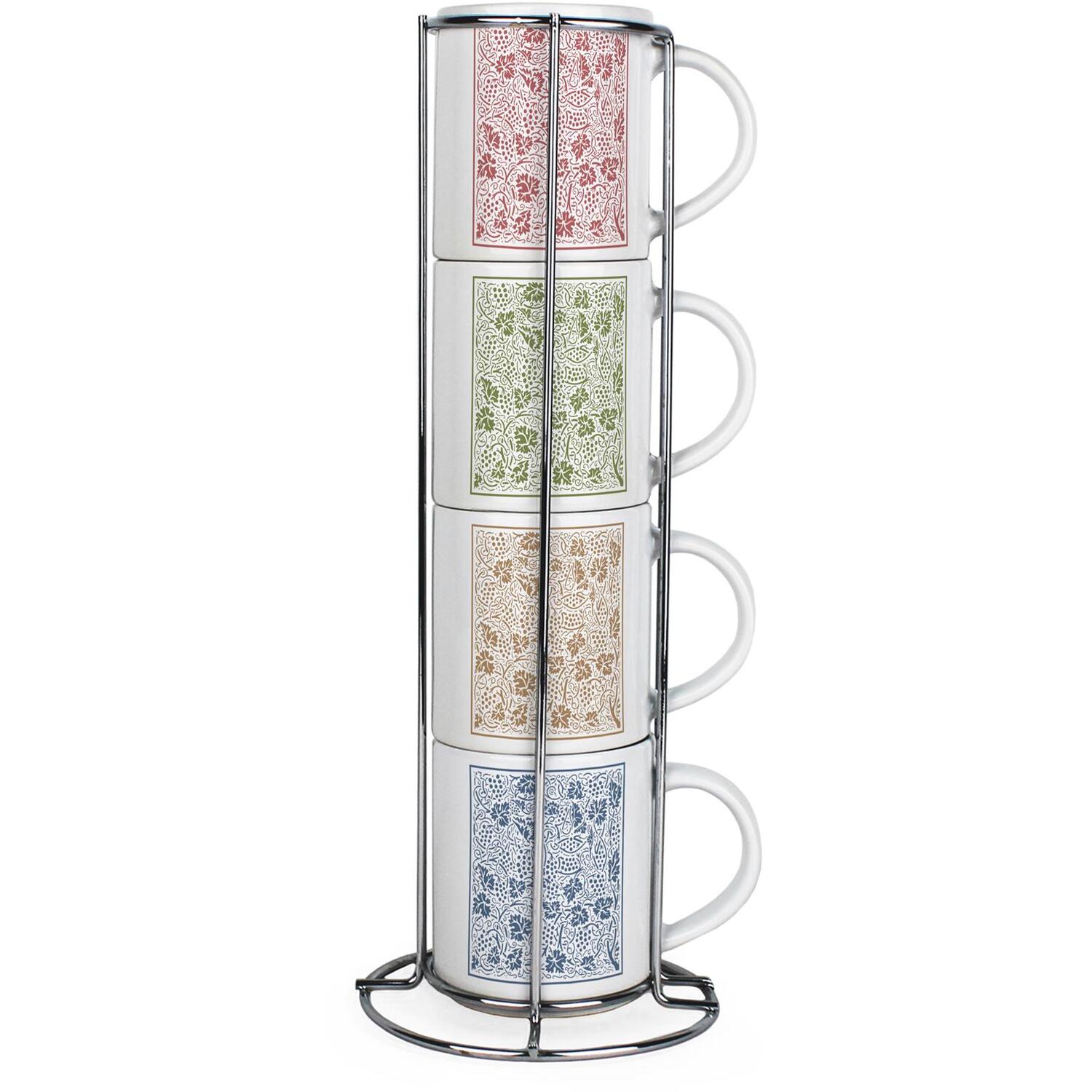B&Q -  Oak Leaves & Berries Stacking MugsSet Of 4 Small Ceramic Cups Gift With Stand - Image 3