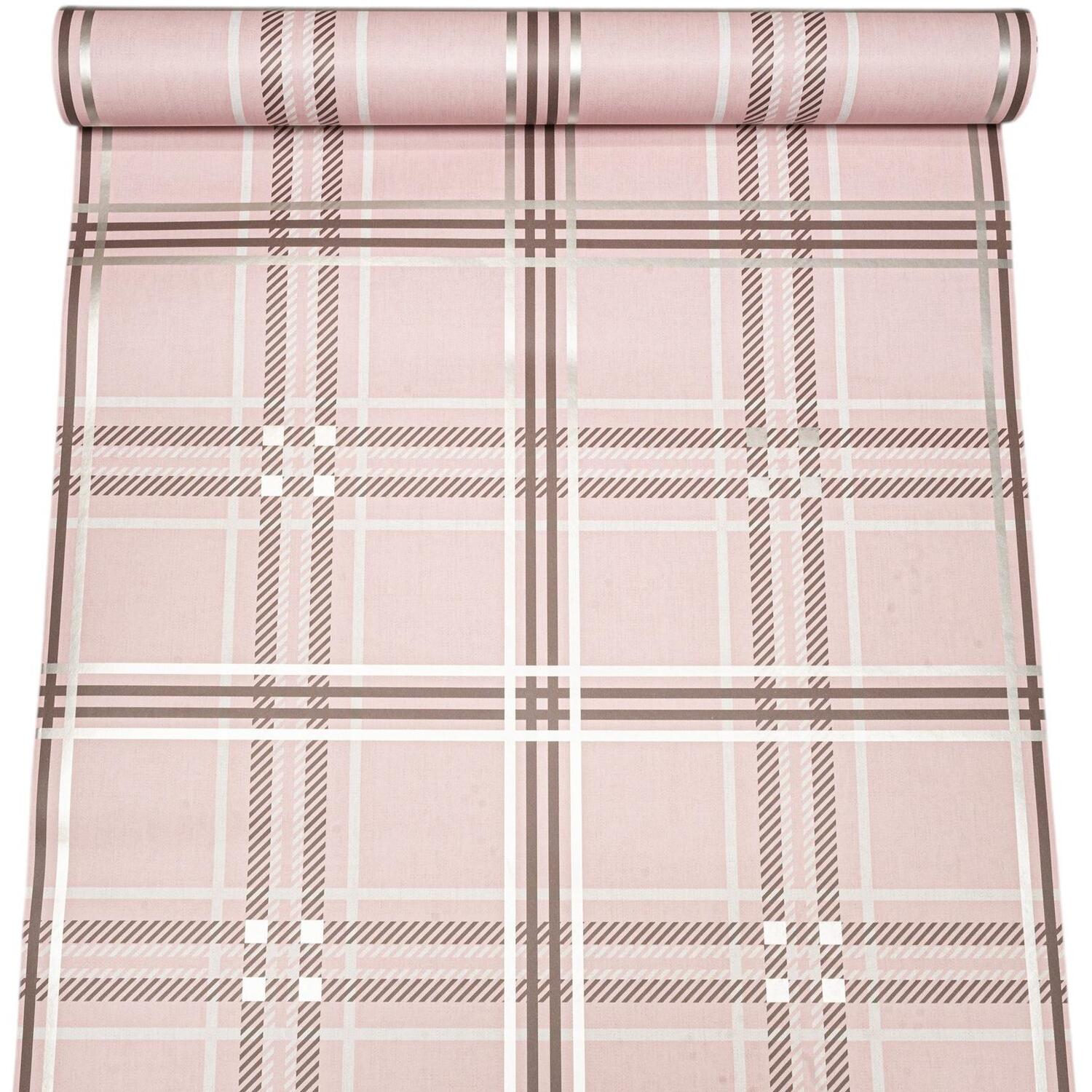 Pink Tartan Check Wallpaper Silver Metallic Shimmer Smooth Finish Feature Wall - Image 2