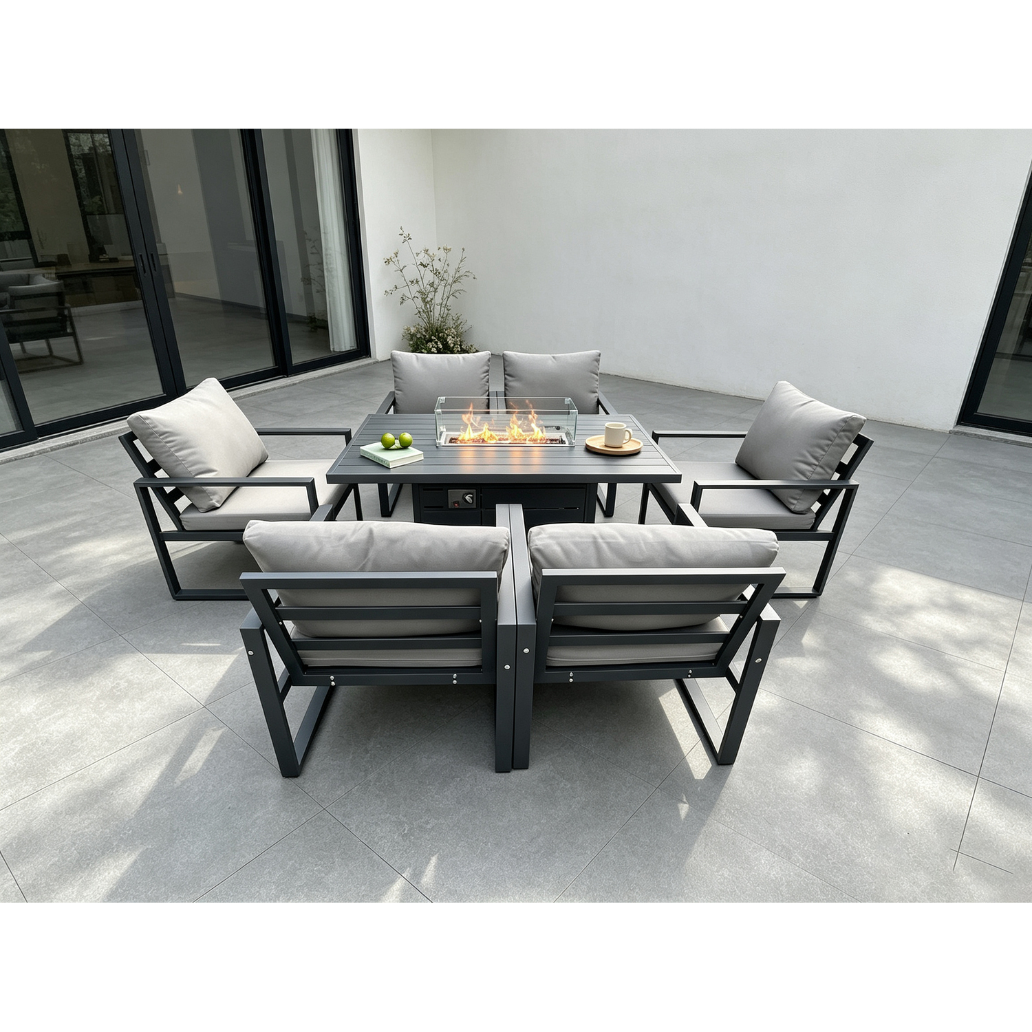 Fimous Aluminum Top 6 Seat Garden Furniture Dining Set Gas Fire Pit Table And Chairs Burner Heater Patio Outdoor - Image 3