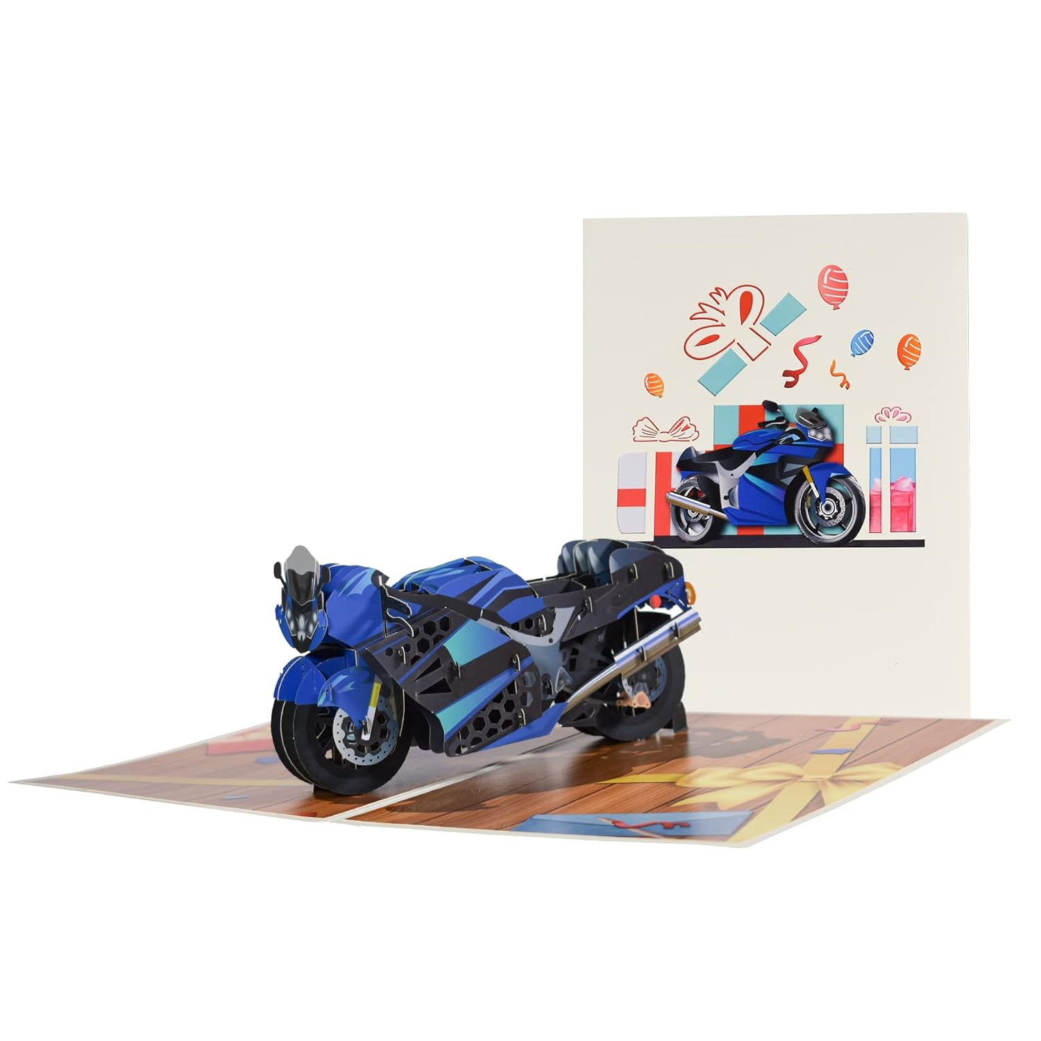 Brightfeel Blue Racing Motorcycle 3D Pop Up Greeting Card - White