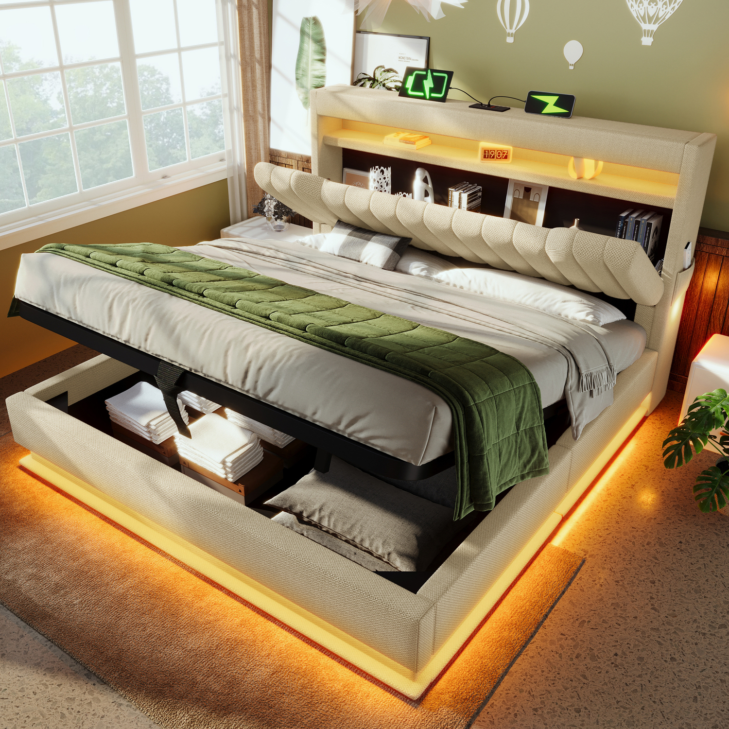 Aka King Linen Hydraulic Storage Bed With Led, Usb-C & Headboard, Cream - Cream