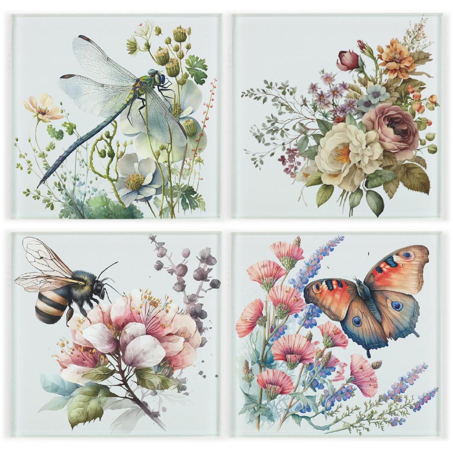 B&Q - Floral Creatures Glass Coaster SetButterfly Dragonfly Bee GiftsSet Of Four (4) Square Drinks Coasters - Image 3