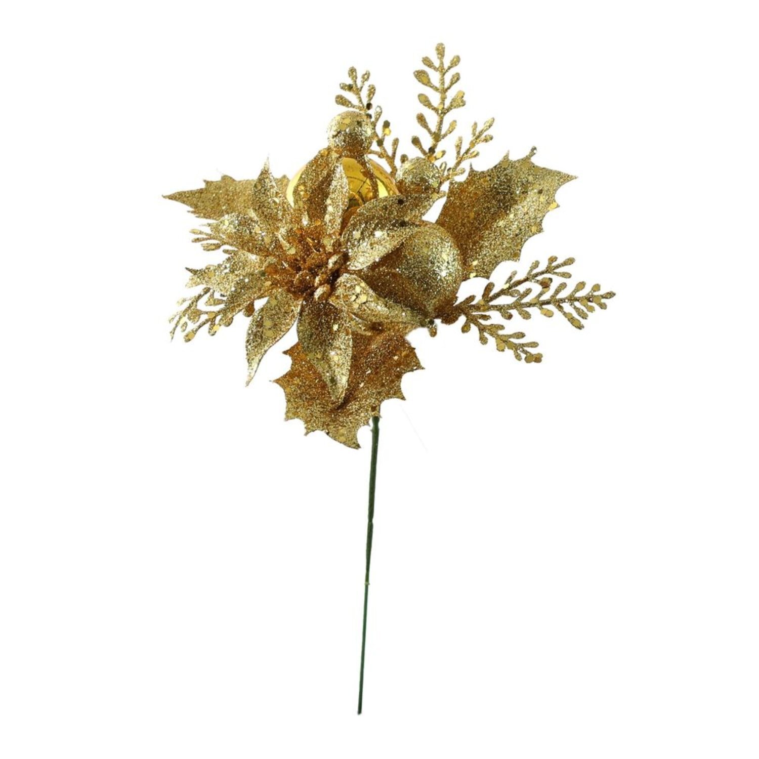 Kdmd Unisex Gold Glitter Poinsettia & Bauble Pick 24Cm 5 Pack - Image 2