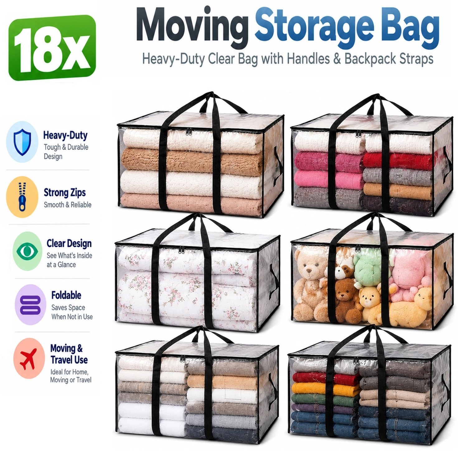 B&Q -  18Pcs Large Clear Moving Storage Bag Heavy Duty Zip Handles For Clothes Bedding - Image 3