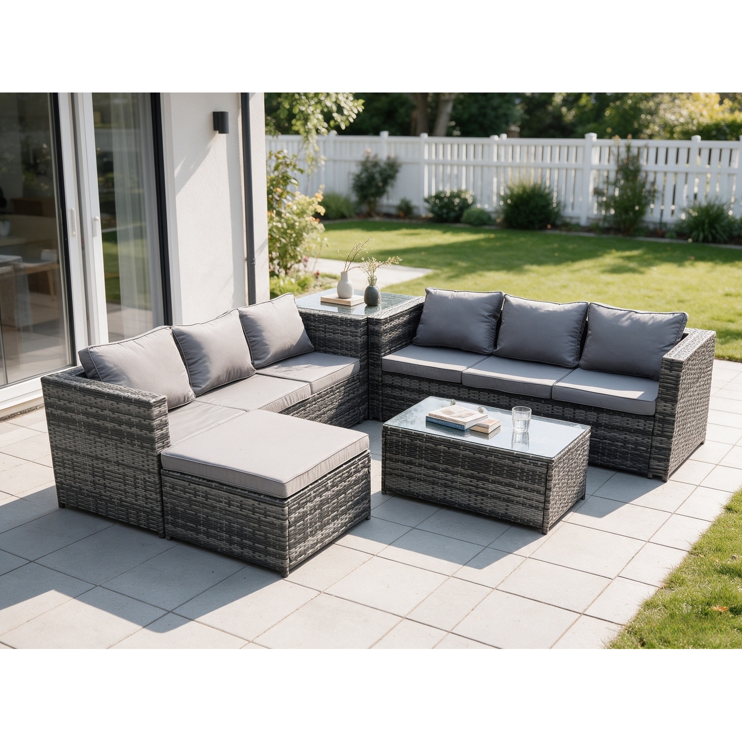 Rackhams Dark/Grey 7 Seater Rattan Garden Furniture Set Outdoor Patio Sofa Set With Oblong Coffee Table Side Table Big Footstool Mixed - Image 2