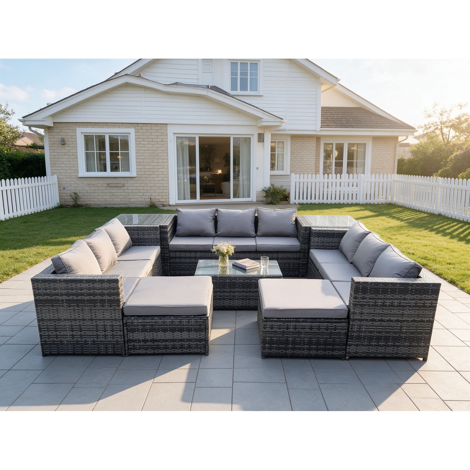 Fimous Dark/Grey Outdoor Lounge Sofa Set Wicker Pe Rattan Garden Furniture Set With Oblong Coffee Table 2 Side Tables 2 Big Footstool 11Seater Mixed - Image 2