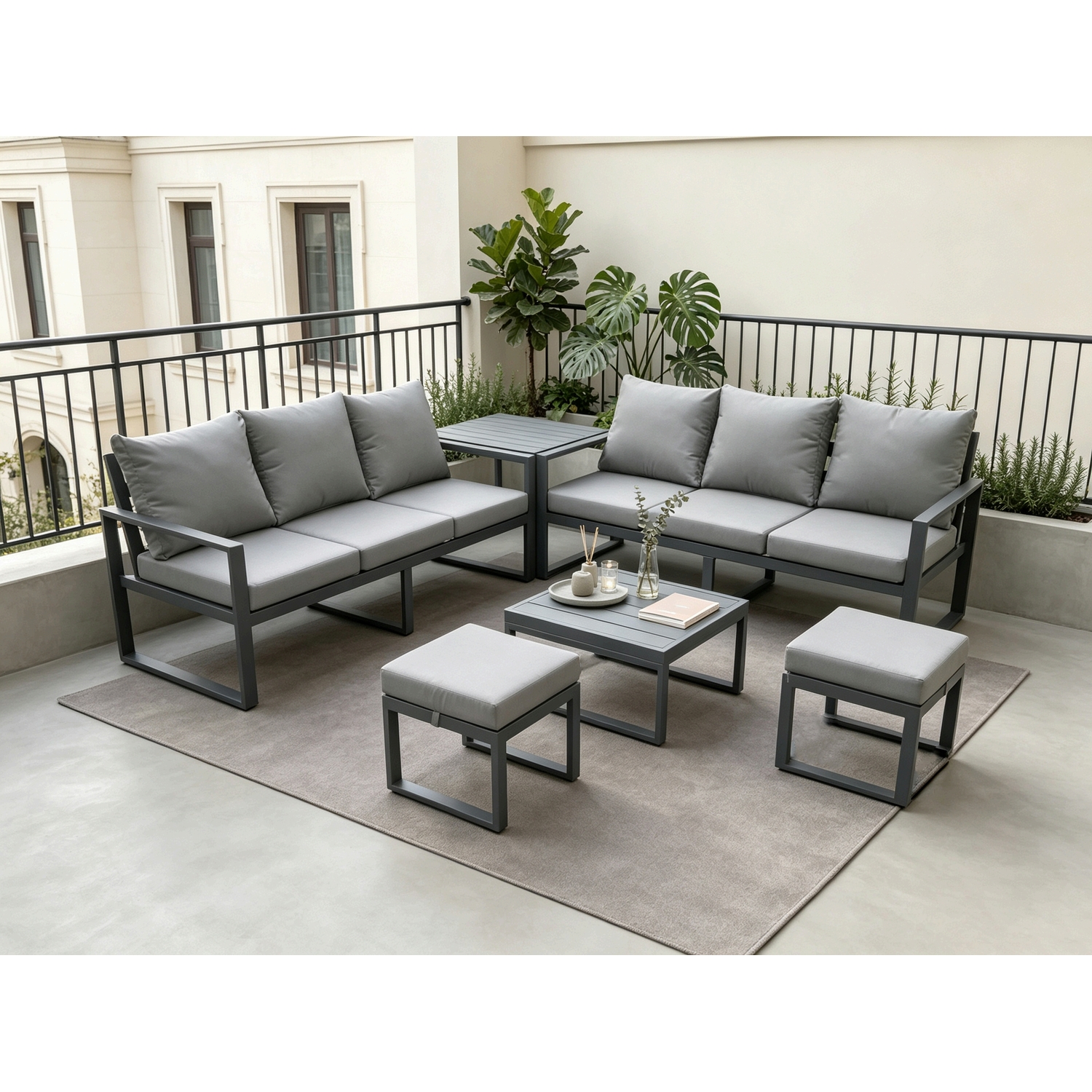 Fimous Dark/Grey Aluminium 6 Pieces Garden Furniture Sofa Set With Cushions 8 Seater With Square Coffee Table 2 Small Footstools Side Table - Image 2