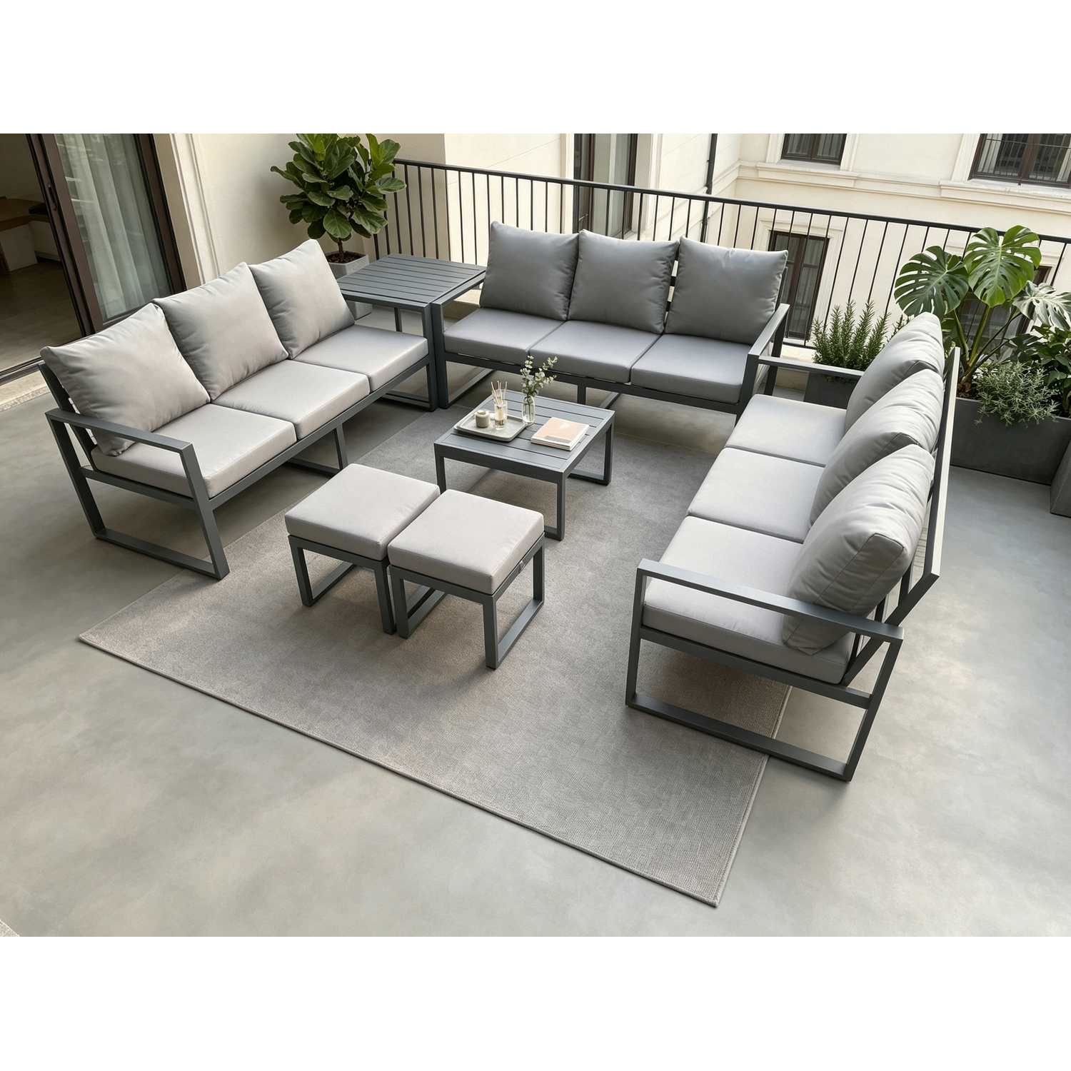 Rackhams Dark/Grey Aluminium 11 Seater Outdoor Garden Furniture Set Patio Lounge Sofa With Square Coffee Table Side Table 2 Small Footstools - Image 2