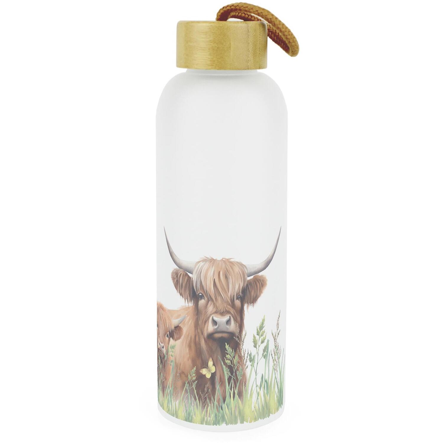 Purely Home Highland Cow & Calf Glass Water Bottle With Bamboo Lid - Brown