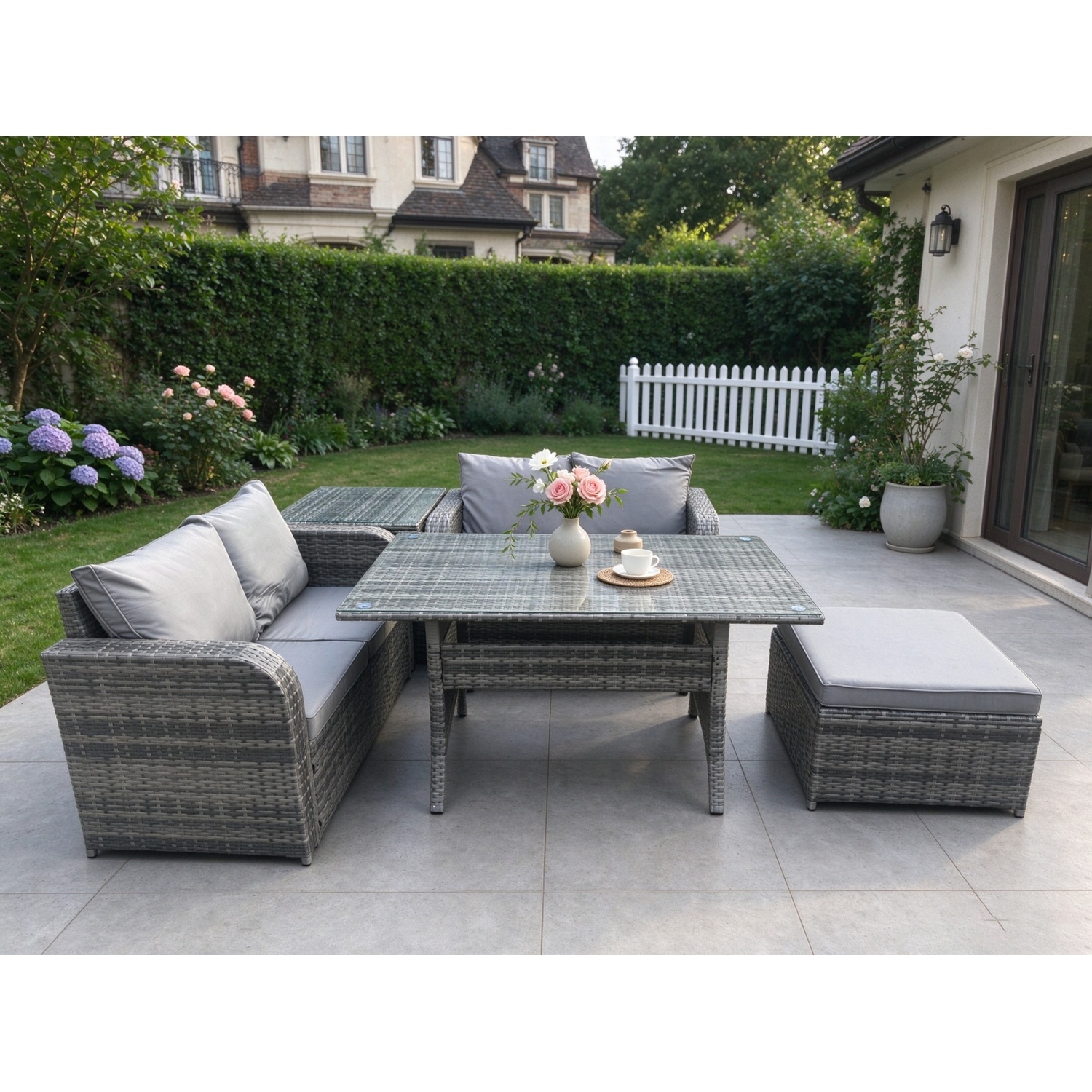 Fimous Dark/Grey Garden Patio Furniture Wicker Rattan Oblong Rectangular Dining Table And Loveseat Sofa Set With Side Table Big Footstool Mixed - Image 2
