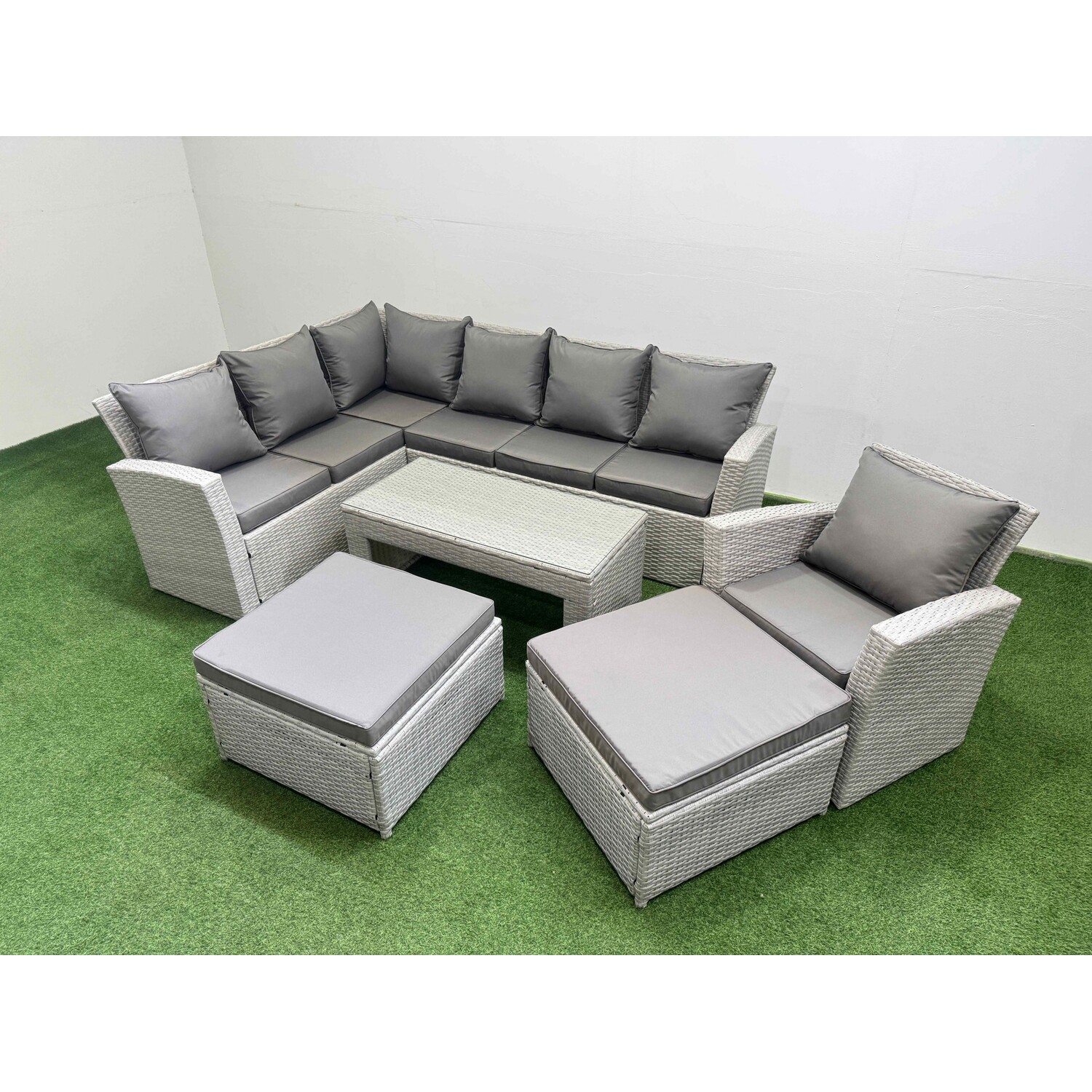 Fimous Light/Grey Rattan Garden Furniture Set Outdoor 9 Seater Corner Sofa Sets With Oblong Coffee Table Chair 2 Big Footstools Mixed - Image 2